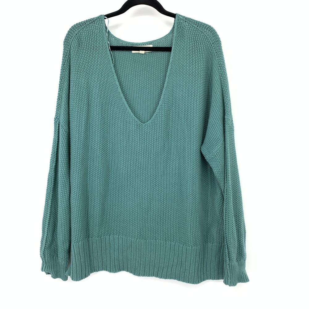 Lucky Brand Womens Seed Stitch Pullover Sweater L Teal Blue Side Slit NWT